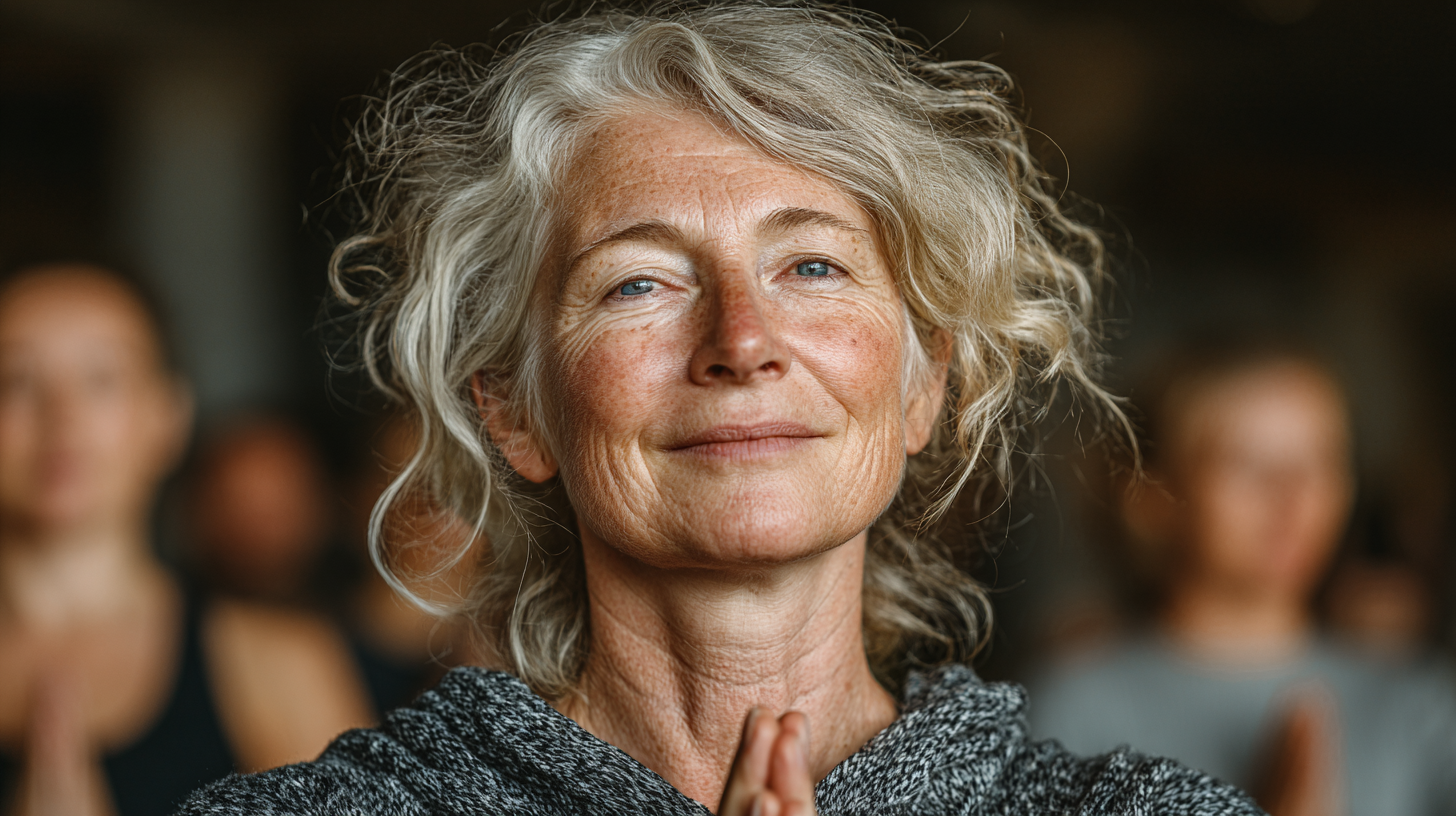 Группа людей старшего возраста занимается йогой на природе