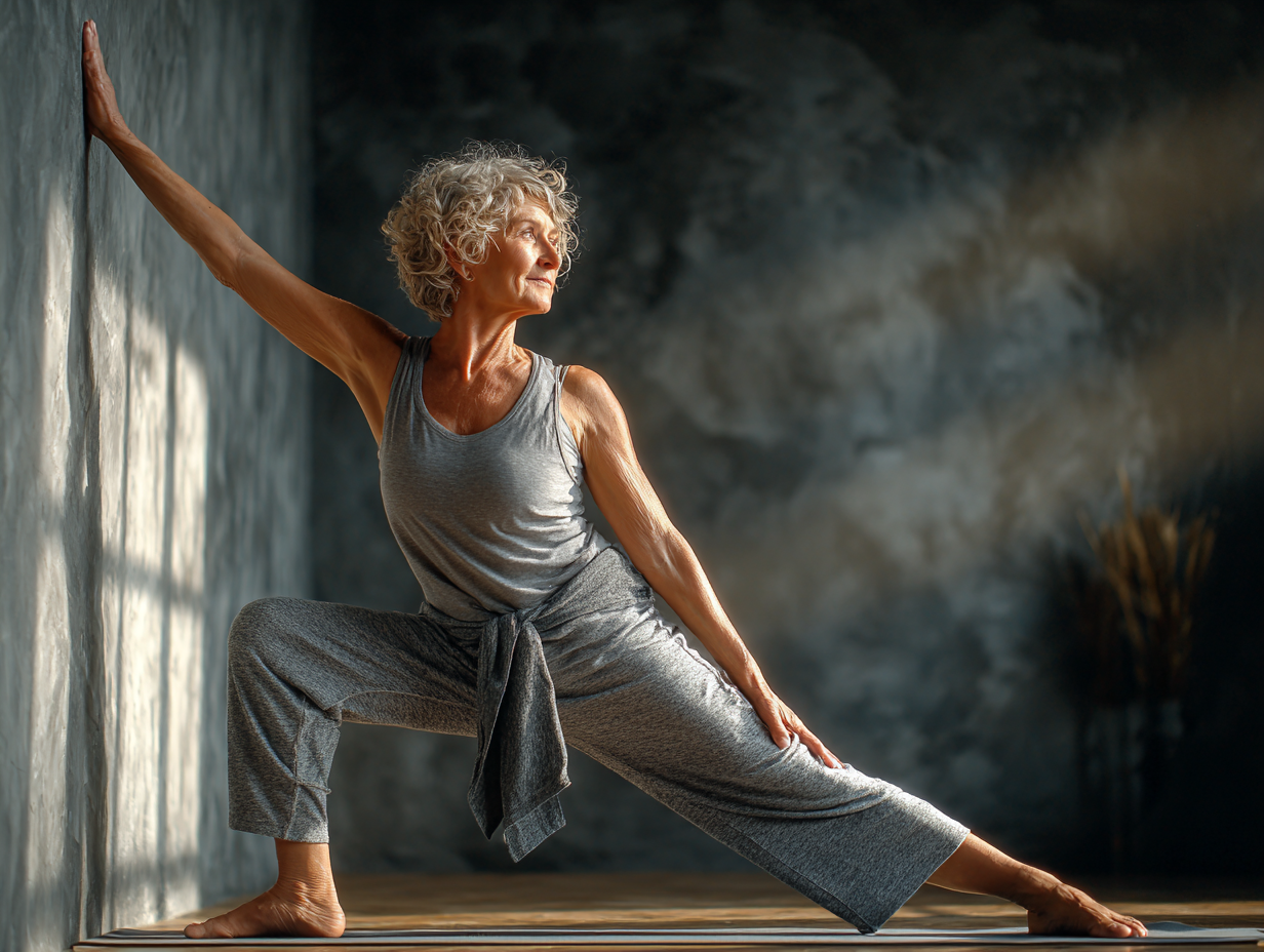 Пожилая женщина медитирует в саду